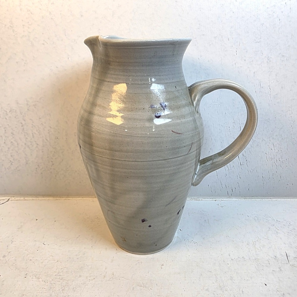 Haila Signed Studio Pottery Pitcher Grey Salt Glaze Stoneware Artisan Jug 8.5in